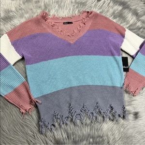 Nikka K Pastel Striped Frayed Distressed V Neck Sweater Size Medium